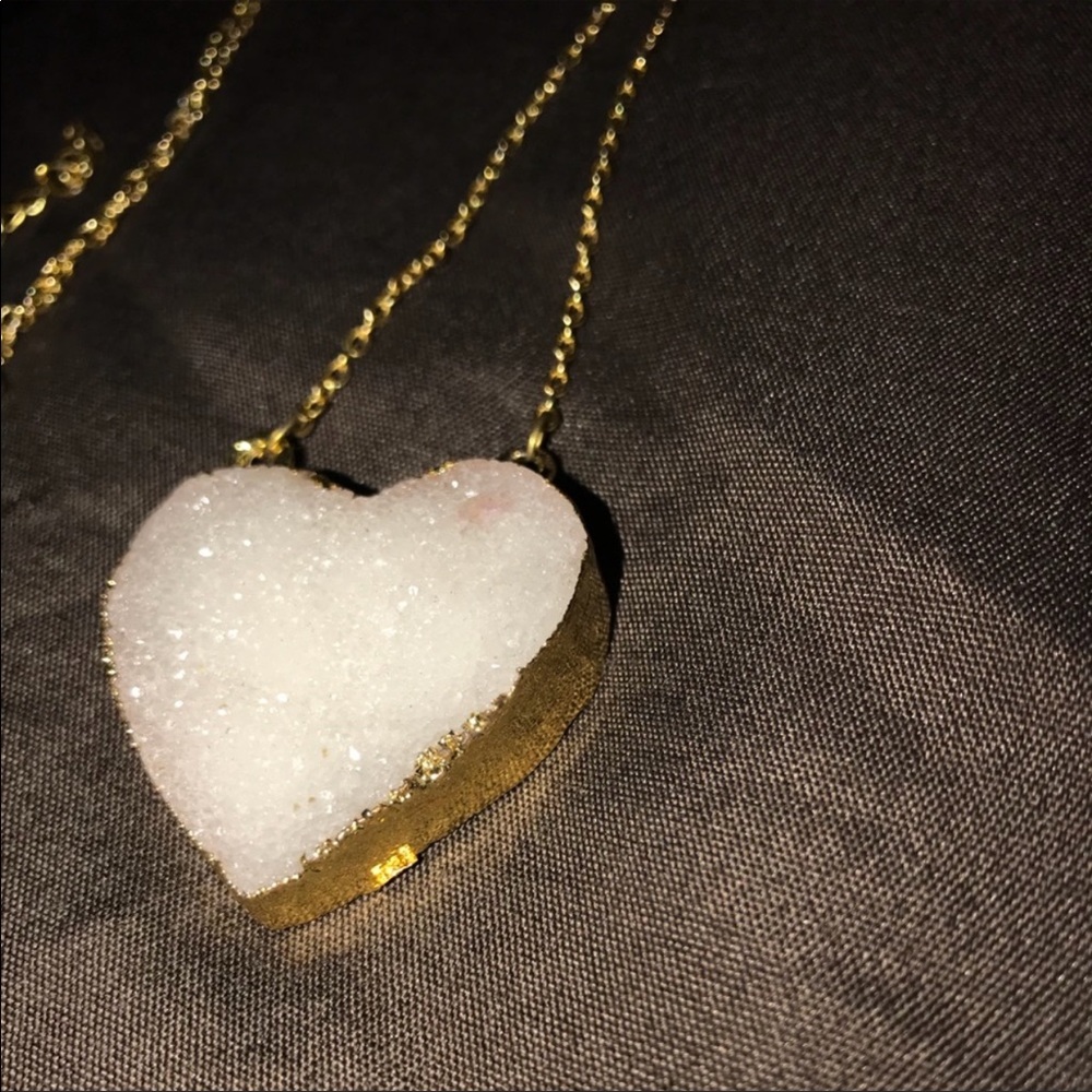 Natural Druzy Agate, Flate Plated, Heart Necklace